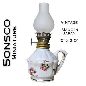 Sonsco Miniature Oil Lamp Porcelain Hand Painted Pink Roses Gold Occupied Japan